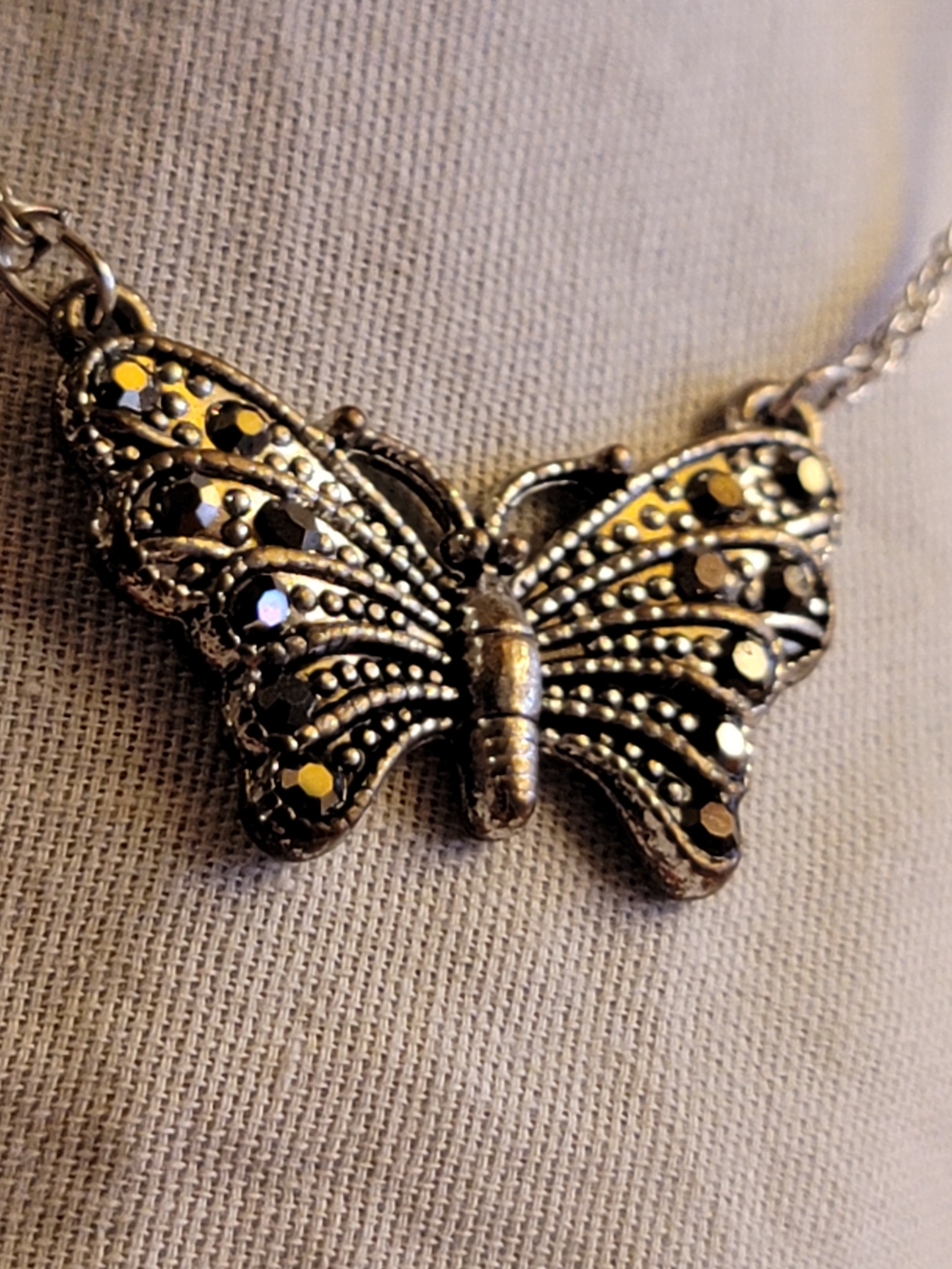 Vtg Butterfly Marcasite Pendant Necklace - Silver Tone
